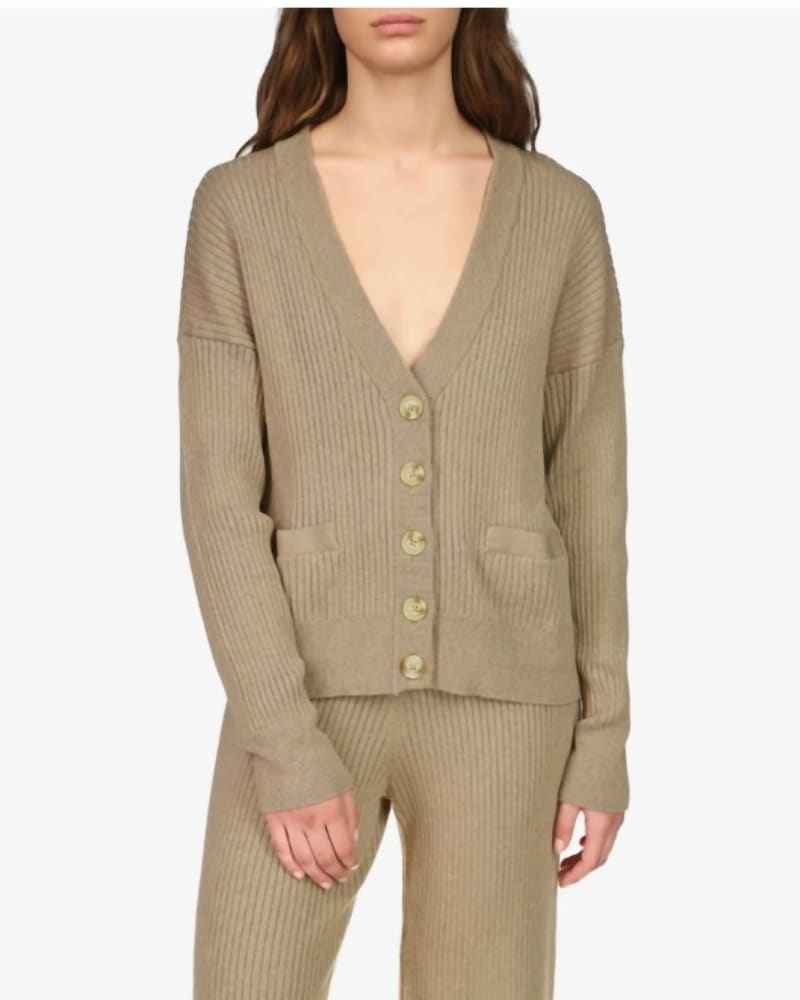 Front of a model wearing a size XL Ribbed Cardi in Heather Truffle in Heather Truffle by Sanctuary. | dia_product_style_image_id:326932